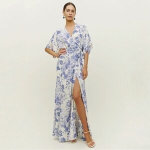 Reformation Winslow Lucerne Floral Blue White Rose Wrap Dress slit tie waist NWT